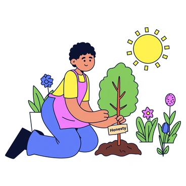 A person planting a tree labeled 'Honesty' in a community garden