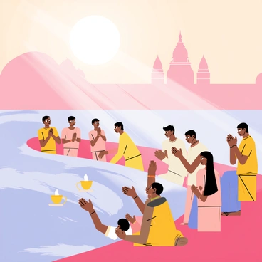 A serene scene by the banks of the Ganges River at early morning light. Devotees are gathered in a semicircle, engaged in prayer, each wearing traditional attire. Some hold brass lamps, while others clasp their hands together. The river flows gently, reflecting the soft hues of dawn. Mist rises above the water, creating a mystical atmosphere. In the background, ancient temples are partially visible, their intricate architecture silhouetted against the sunrise. The sky is painted in shades of pink and orange, enhancing the tranquil ambiance of the ritual.