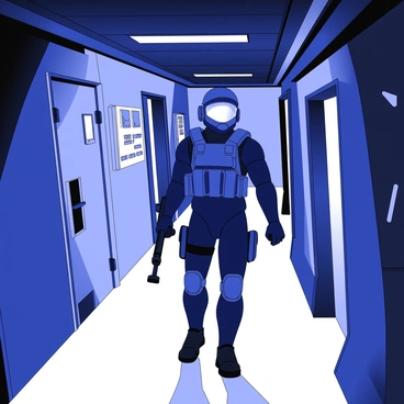 A stealthy mercenary is moving silently through a dark corridor of a space station. The corridor is narrow, with metallic walls and a low-hanging ceiling. Dim lights flicker intermittently, casting soft shadows. The mercenary is dressed in tactical gear, complete with a helmet that has a visor reflecting faint glimmers of light. In one hand, the mercenary holds a silenced weapon, while the other hand rests against the wall for support. Various technological panels and doorways line the corridor, hinting at the high-tech environment. The atmosphere is tense, suggesting the possibility of surveillance or an impending confrontation.