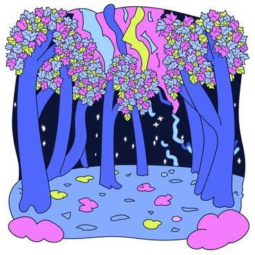 A whimsical storm in a fantasy forest, with colorful lightning and rain that sparkles like glitter.