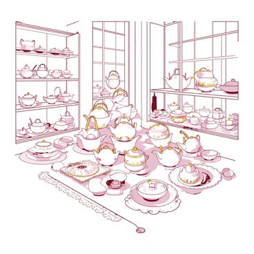 A white store interior is filled with numerous delicate antique porcelain teapots and plates. Each teapot is intricately designed with floral patterns in soft hues, while the plates display elegant gold trim and intricate artwork. Shelves made of polished wood showcase the porcelain pieces, with some teapots beautifully arranged in a pyramid at the center of the display. Soft light filters in through large windows, illuminating the store and highlighting the exquisite details of the porcelain. Small decorative accents, such as lace doilies and vintage utensils, are placed around the teapots and plates, enhancing the nostalgic atmosphere of the space.