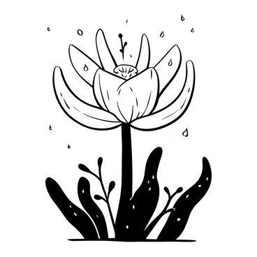 A large protea flower with a thick, textured stem stands prominently in the center of the image. The petals are wide and elongated, showcasing a variety of intricate shapes and details. Raindrops glisten on each petal, reflecting light and adding a sense of freshness. Surrounding the flower is a collection of green leaves, some with droplets of water on them as well, enhancing the overall depiction of a post-rain atmosphere. The background is softly blurred, emphasizing the protea flower as the focal point.