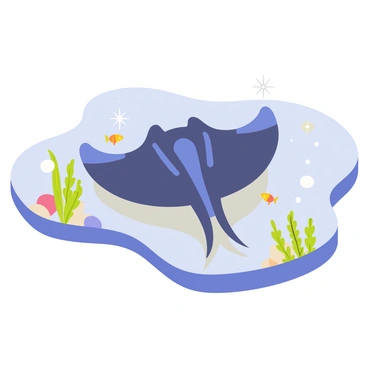 A small, juvenile manta ray with a smooth, dark blue body gliding through a shallow tide pool. The manta ray has wide, triangular pectoral fins that gently move as it swims. The tide pool is filled with clear water, revealing colorful pebbles and sandy patches at the bottom. Surrounding the manta ray are various small marine plants swaying with the water movement. A few tiny fish are darting around, adding liveliness to the scene. Sunlight is shining down, creating sparkling reflections on the water's surface.