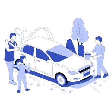 A family happily washing their car in the driveway on a sunny day