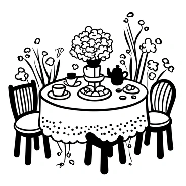 A tea party setup in a garden with hydrangeas as a centerpiece decoration