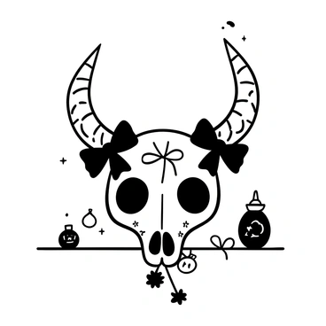 A whimsical cat skull placed on a smooth surface, with various black ribbons and bows tied around its horns and dangling from its jaw. Intricate patterns are etched into the skull, giving it an ornate appearance. Surrounding the skull are small festive ornaments and decorations, further enhancing the playful ambiance of the scene.