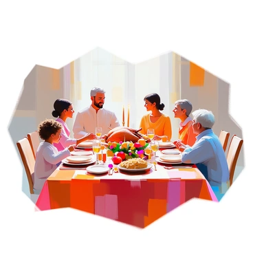 A large, beautifully decorated dining table is set for a festive holiday meal. The table is covered with a vibrant red tablecloth and adorned with golden cutlery and gleaming wine glasses. A centerpiece of fresh flowers and candles adds warmth to the setting. Various dishes, such as a roast turkey, stuffing, and colorful vegetable sides, are artfully arranged on the table. Several family members, including a young child with curly hair and a grandmother with silver hair, are gathered around the table, smiling and engaged in cheerful conversation. Each person is wearing festive clothing, adding to the joyful atmosphere of the gathering.