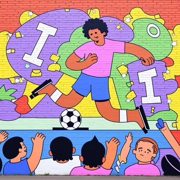 A vibrant street mural depicting "Maradona" in action on a brick wall. The mural captures "Maradona" as he dribbles a soccer ball, showcasing his iconic stance. The background is filled with abstract shapes and colorful patterns that convey energy and movement. Bright colors like red, blue, green, and yellow are used to enhance the dynamics of the scene. The mural includes stylized representations of a cheering crowd in the foreground, highlighting the excitement of the game.