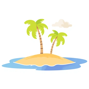 A solitary tropical island with a sandy beach that features two tall, swaying palm trees. The palm trees have vibrant green fronds that gently move with the breeze. The waters surrounding the island are a clear turquoise color, reflecting the blue sky above. Small waves lap at the shore, creating a peaceful scene. In the background, fluffy white clouds float lazily in the sky.