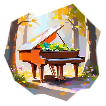 A grand piano is positioned elegantly in a woodland setting, its body crafted from rich, dark wood that blends harmoniously with the surrounding trees. The piano's keys are made of polished, vibrant leaves in various shades of green, including bright lime and deep emerald. Sunlight filters through the canopy overhead, casting dappled light on the piano and the forest floor covered in soft moss and scattered fallen leaves. Surrounding the piano are tall trees with thick trunks, their leaves rustling gently in a light breeze. A few wildflowers peek through the underbrush, adding subtle color to the serene setting.