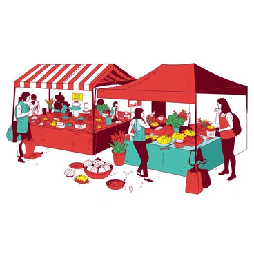 A red farmers' market is bustling with activity, featuring a variety of stalls showcasing an array of fresh produce, vibrant flowers, and homemade products. The stalls are adorned with colorful banners and canopies, each displaying their unique offerings. A teal stand is filled with an assortment of fruits and vegetables, including bright red tomatoes, yellow peppers, and green leafy vegetables. Nearby, a white stall is brimming with beautiful, fresh-cut flowers in various colors. Shoppers are interacting with vendors, some carrying reusable bags filled with their purchases, while others sample homemade jams and baked goods. The market atmosphere is lively, with people enjoying the vibrant displays and the fresh scent of produce.