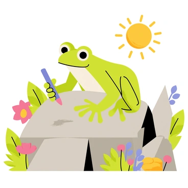 A vibrant green frog is perched on a large block of gray stone, skillfully carving with a small chisel. The frog's large eyes are focused intently on the stone, showcasing its determination. Surrounding the sculpture garden are various colorful flowers and lush green plants, adding a lively backdrop. A few other unfinished stone sculptures can be seen in the background, hinting at the frog’s artistic endeavor. The sun casts a warm light over the scene, illuminating the frog and the stone, while a gentle breeze rustles the leaves nearby.