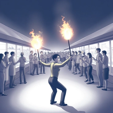 A fire performer is standing in a dynamic pose in the center of a night market. The performer is spinning a staff that has bright flames at both ends, creating trails of light as they move. Around the performer, an audience is gathered, their faces illuminated by the glow of the fire. Stalls filled with various goods and decorations line the background, adding to the vibrant atmosphere. Some audience members are clapping and cheering, while others are capturing the moment with their smartphones. The night sky above is dark, emphasizing the brilliance of the flames and the excitement of the scene.