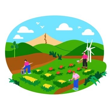 A vibrant illustration showing a farming landscape with sustainable practices. In the foreground, there are rows of crops such as corn and tomatoes, with green leaves and ripe vegetables prominently displayed. Farmers are using hand tools, tending to the crops, and applying natural fertilizers. To the side, a small wind turbine is seen generating energy. In the background, a normal dip slip fault is depicted with a visible crack on the surface of the earth, framed by gently sloping hills and a clear blue sky. Birds can be seen flying overhead, adding life to the scene. The overall atmosphere conveys a harmonious coexistence of agriculture and geology.