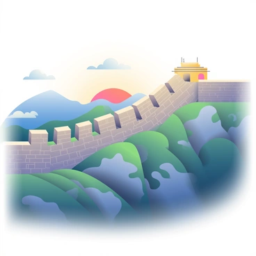 The Great Wall of China stretches across the landscape, showcasing its serpentine form as it ascends and descends the mountainous terrain. The first light of dawn casts a warm golden glow over the ancient stones, highlighting their rugged textures. Soft shadows are created along the wall's uneven surface, and patches of greenery peek through along the sides. In the background, the sky transitions from deep blue to soft orange and pink hues, signaling the arrival of a new day. Sparse clouds scatter in the sky, enhancing the serene atmosphere of the early morning.