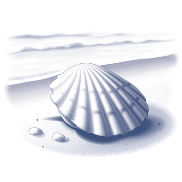 A close-up view of a scallop shell lying on a sandy beach. The shell features intricate ridges and a smooth, slightly curved surface. Soft grains of sand surround the shell, with some scattered small pebbles nearby. In the background, gentle waves are rolling onto the shore, creating a subtle texture on the water's surface. The scene is calm, evoking a sense of peacefulness at the beach.
