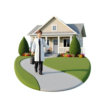 A doctor with short brown hair and wearing a white lab coat is walking up a path towards a house. The doctor is carrying a black medical bag in one hand. The front yard of the house has a few colorful flowers and a well-maintained lawn. The house is a cozy bungalow with a porch. The doctor appears focused and professional as they approach the front door, ready to attend to the patient.