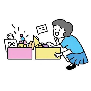 A student with short brown hair, wearing a blue school uniform, is crouched down, excitedly peeking into a bright, colorful lunchbox. The lunchbox is open and filled with various snacks, including a sandwich cut into fun shapes, a small container of cut fruit, and a bag of colorful candies. There are also a couple of surprise notes peeking out, decorated with drawings. The student's expression shows joy and curiosity.