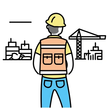 A construction worker is standing with his back to the viewer. He is wearing a yellow hard hat and a bright orange reflective vest. The vest has multiple pockets and a striped pattern for visibility. He is looking out over a construction site, where various construction materials and equipment are visible in the background. In the distance, there are partially constructed buildings and cranes. The worker's jeans are a dark blue color, and he appears to be focused on his work.