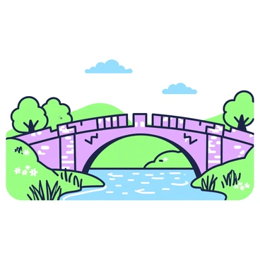 A graceful stone bridge arches over a flowing river. The bridge features intricate carvings on its sides, showcasing medieval architectural details. Below the bridge, clear water flows gently, reflecting the surrounding landscape. On either side of the riverbank, tall grasses sway in a light breeze, and patches of wildflowers dot the ground. In the background, rolling hills and distant trees create a peaceful countryside scene under a bright sky.