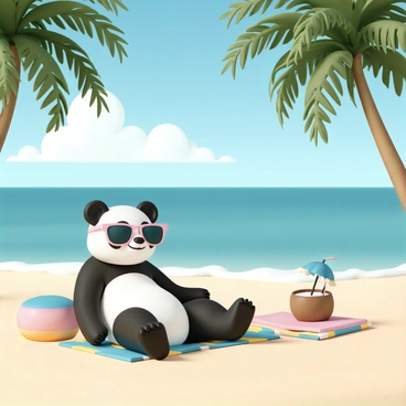 A panda, with black and white fur, is lounging on a sandy tropical beach. The panda is wearing oversized sunglasses that reflect the bright sunlight. Next to it, there is a coconut drink with a straw and a small umbrella, resting on a colorful beach towel. The background features tall palm trees swaying gently in the breeze, and the ocean is a vibrant blue, with gentle waves lapping at the shore. The sky is clear with a few fluffy white clouds. The scene conveys a relaxed and cheerful atmosphere.