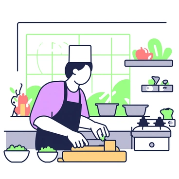 A chef with a white chef’s hat and a black apron is standing at a wooden cutting board, chopping celery with a sharp knife. The chef has short hair and focuses intently on the task. Behind the chef, there are stainless steel countertops filled with various ingredients such as colorful vegetables and herbs. In the background, several pots are simmering on gas burners, and a large window allows sunlight to filter into the scene. The walls of the kitchen are lined with shelves containing spices and cooking utensils. A small bowl filled with chopped vegetables sits to the side of the cutting board.