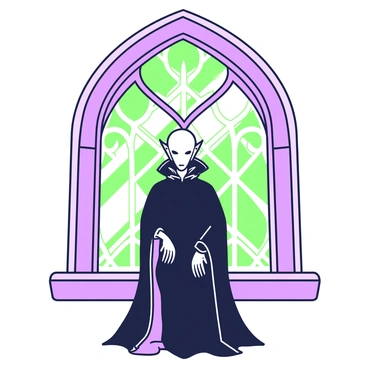 A figure resembling "Nosferatu" is positioned in front of an ornate gothic window. The window features intricate designs that are clearly defined. Behind the figure, soft candlelight flickers, casting shadows that dance on the wall. The overall scene creates an atmosphere of mystery and intrigue. The figure has elongated features, with prominent ears and a slight hunch, and is dressed in dark, flowing garments that blend into the shadows.