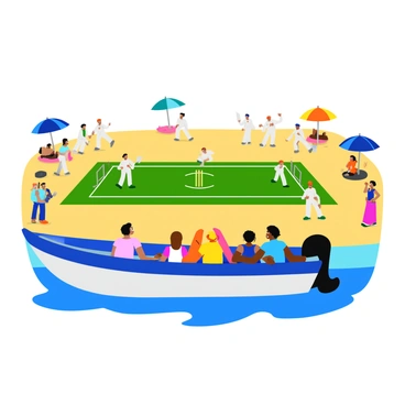 A small boat anchored near a sandy beach. The boat is painted bright blue with a white stripe along the side. Inside the boat, several passengers are sitting, wearing colorful beach attire. They are leaning forward, focused on a cricket match happening on the shore. A cricket pitch is set up on the beach, with a set of wickets at each end and players in white uniforms actively engaged in the game. Spectators on the beach are cheering, and beach umbrellas are scattered around, providing shade to onlookers. The scene is lively and filled with the excitement of the match.