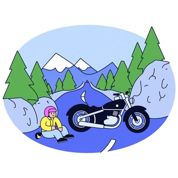 A motorcycle lying on its side on a sharp curve of a mountainous road. The motorcycle is black with chrome details and has a dented fuel tank. Nearby, a rider in a red helmet is sitting on the ground, looking dazed. The road is surrounded by rocky cliffs and dense green trees. In the background, there are distant peaks capped with snow, reaching towards a clear blue sky.