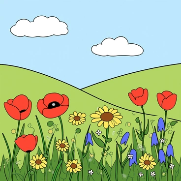 A vibrant field filled with various colorful flowers in full bloom, including bright red poppies, yellow daisies, and bluebells. The flowers sway gently in the breeze, creating a lively scene. Above, fluffy white clouds drift lazily across a clear blue sky, casting soft shadows on the flowers below. The sunlight illuminates the petals, enhancing their vivid colors and creating a cheerful atmosphere in the landscape.