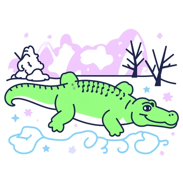 A crocodile is lying on its back in a snowy landscape, with its limbs splayed outwards. It is creating snow angels, leaving curvy impressions in the fresh snow around it. The crocodile's skin texture is clearly visible, showcasing its scales. Fluffy snowflakes are gently falling from the sky, landing on the crocodile's back and surrounding area. In the background, there are snow-covered trees with branches weighed down by snow, completing the winter scene. The sky is overcast, enhancing the serene atmosphere of the snowy environment.