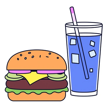 A close-up view of a cheeseburger with a toasted sesame seed bun. The burger is layered with a juicy beef patty, melted cheddar cheese, crisp lettuce, ripe tomato slices, and pickles. Next to the burger is a tall glass of fizzy soda, filled to the brim with ice cubes. Bubbles are rising in the soda, and a straw is placed inside the glass. The background is plain, ensuring the focus remains on the cheeseburger and soda.