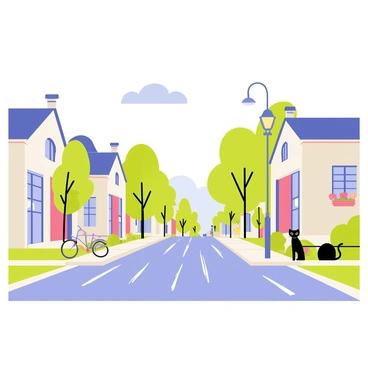 A sleepy neighborhood street with a line of small houses on both sides. The houses are painted in pastel colors, with shutters and flower boxes under the windows. A few trees provide dappled shade along the sidewalk. The asphalt of the street is shimmering due to heat waves rising from it, creating a wavy effect. A bicycle leans against a lamppost, and a cat is lounging lazily on the front porch of one house, with its eyes half-closed. The sky above is a soft blue, with a few fluffy clouds drifting.