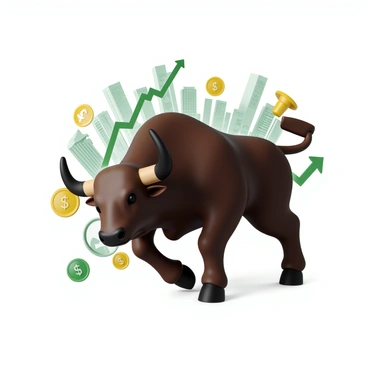 A powerful bull with a muscular build and shiny dark brown fur. It is depicted charging forward with its head lowered and horns extended, symbolizing strength and determination. The bull is surrounded by a flurry of stock market indicators, such as upward-trending graphs, candlestick charts, and numbers, representing economic activity. The background features a modern city skyline with tall buildings, reinforcing the notion of industry and commerce. Bright colors, like green and gold, are used throughout to convey a sense of prosperity and freedom in the economy.