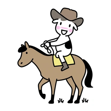 A cartoon cow, wearing a large brown cowboy hat and matching leather boots, is perched atop a brown horse. The cow has a wide smile, with its ears perked up, and holds onto the reins of the horse. The horse is standing still, with its mane flowing gently, and has a playful expression. The background features a simple outline of a barn and a few tufts of grass.
