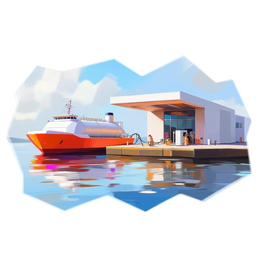 A tank barge with a streamlined design is positioned alongside a sleek, modern marine station. The barge features a metallic hull and is equipped with large storage tanks, showing hints of bright colors reflecting off the water. The marine station is characterized by its contemporary architecture, featuring large glass windows and a smooth, angular design. A fuel hose is connected from the station to the barge, illustrating the refueling process. In the background, there are gentle waves lapping against the station and barge, under a clear blue sky.