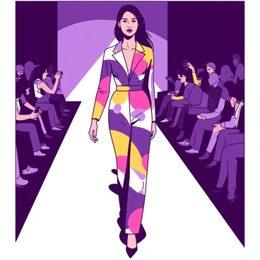 A model confidently struts down a fashion runway wearing a striking jumpsuit adorned with bold, geometric patterns in vibrant shapes. The jumpsuit features a fitted silhouette that accentuates the model's figure. The runway is illuminated with bright lights, casting bold shadows around the model. Spectators are visible in the background, capturing the moment with their cameras. The atmosphere is alive with energy as the model showcases the unique design of the jumpsuit.