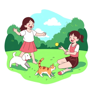 In a vibrant green grassy backyard, two girls, Kaede and Suzu, are joyfully playing with their adorable pets. Kaede has a small fluffy white dog with a wagging tail, playfully jumping around her. Suzu is sitting on the grass, laughing as she tosses a bright yellow ball for her playful orange tabby cat. The sun shines down, casting soft shadows on the ground, highlighting the fun and cheerful atmosphere of the scene.