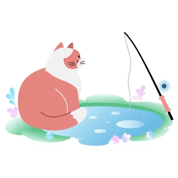 A cat with a fluffy coat is sitting patiently beside a pond. The cat is facing the water, with its tail curled around its body. Next to the cat, there is a fishing rod resting on the ground, propped up with its reel facing the water. The pond has a gentle ripple, and small lily pads float on the surface. Surrounding the pond, green grass and a few colorful flowers add vibrant touches to the scene.