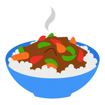 A bowl filled with spicy beef stir-fry, featuring tender beef strips coated in a glossy sauce. The stir-fry includes vibrant, colorful vegetables such as bright red bell peppers, crisp green snap peas, and orange carrots, all cut into bite-sized pieces. A generous serving of fluffy white rice sits at the bottom of the bowl, topped with the sizzling stir-fry, with steam rising from the dish, creating an inviting, warm atmosphere.