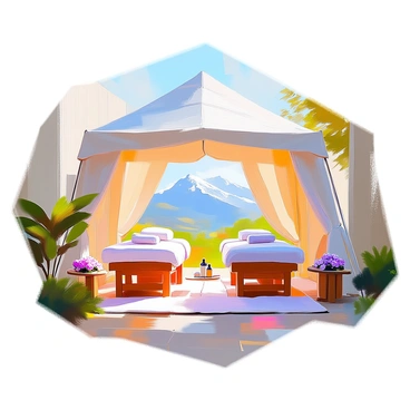 A spa setup under a large white tent with soft, flowing fabric. Inside the tent, there are two massage tables made of natural wood, covered with crisp white linens. Each table has a set of neatly arranged towels and aromatherapy oils beside them. The tent is open at the front, allowing a breathtaking view of distant mountains with peaks capped in snow. Lush greenery surrounds the area, and delicate flowers in shades of lavender and pink are placed on small tables near the entrance, enhancing the tranquil atmosphere. Sunlight filters through the canopy, casting gentle shadows on the ground.