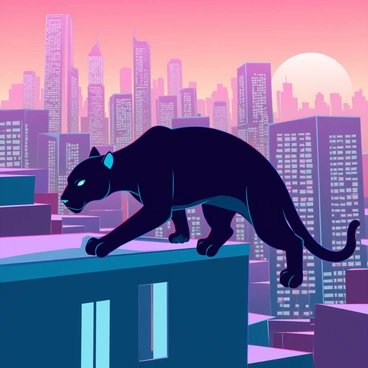 A sleek black panther with glistening fur is gracefully crawling over the rooftops of a sprawling city. Its powerful limbs are poised as it navigates the edges of buildings, showcasing its agility. The city skyline is bathed in the warm hues of dusk, with the fading orange and purple sky creating a striking backdrop. The silhouette of the panther contrasts sharply against the glowing windows of the structures below. Shadows stretch across the rooftops, adding depth to the scene as the panther moves stealthily, blending into the urban landscape.