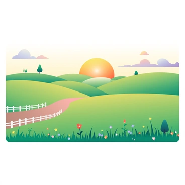 A vast countryside landscape is depicted with rolling green hills under a golden sunset. The sun is low in the sky, casting long shadows across a wide field covered in tall grass. In the foreground, wildflowers in various colors are scattered throughout the field. A winding dirt path leads into the distance, bordered by a white picket fence. In the background, a few scattered trees are silhouetted against the glowing sky, adding depth to the scene. Soft clouds in hues of orange, pink, and purple are scattered across the horizon.