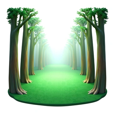 A mystical forest clearing with tall, slender trees surrounding it. The trees have a mix of green and brown bark, with delicate, lush leaves. In the center of the clearing, there is a carpet of soft, vibrant green moss covering the ground. The light is diffused, creating a soft glow that illuminates the area. The edges of the clearing are shrouded in a light, ethereal fog that fades into a distant horizon, obscuring the trees beyond. The atmosphere is tranquil and the air appears crisp, adding to the mystical quality of the scene.