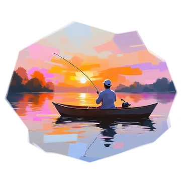 A fisherman in a small wooden boat is casting his line into a calm lake during sunset. The scene captures the vibrant colors of the sky, transitioning from orange to pink and purple as the sun sets on the horizon. The lake reflects these warm hues, creating a serene atmosphere. The fisherman, a man with dark hair and wearing a simple cap, is focused on his fishing. Surrounding the boat are gentle ripples in the water and a few silhouetted trees lining the shore, adding to the peaceful setting.