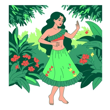 A cute hula dancer with long black hair is gracefully performing in a vibrant setting. She is dressed in a traditional green hula outfit adorned with colorful floral patterns. Surrounding her is lush greenery featuring various tropical plants and leaves, with shades of green creating a rich backdrop. Bright red flowers are blooming among the leaves, adding pops of color to the scene. Sunlight filters through the dense canopy above, casting gentle light on the dancer and highlighting her movements.