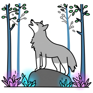 A gray wolf standing on a moss-covered rock, with its head raised and mouth open in a howl. The wolf's fur is detailed and textured, with hints of silver in the moonlight. Surrounding the wolf are tall trees with thin trunks, their leaves shimmering in shades of green and blue. Among the foliage, various plants emit a soft glow in colors like purple and turquoise, illuminating the forest floor. The atmosphere is filled with the delicate silhouettes of ferns and flowers that are softly lit by the glowing plants. The scene captures the wolf's connection to the mystical elements of the forest.