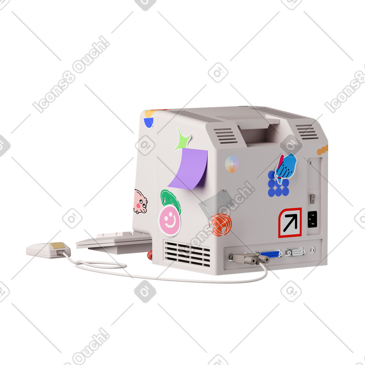 Back view of old computer with stickers illustration in 3D Stickle style download in PNG, SVG