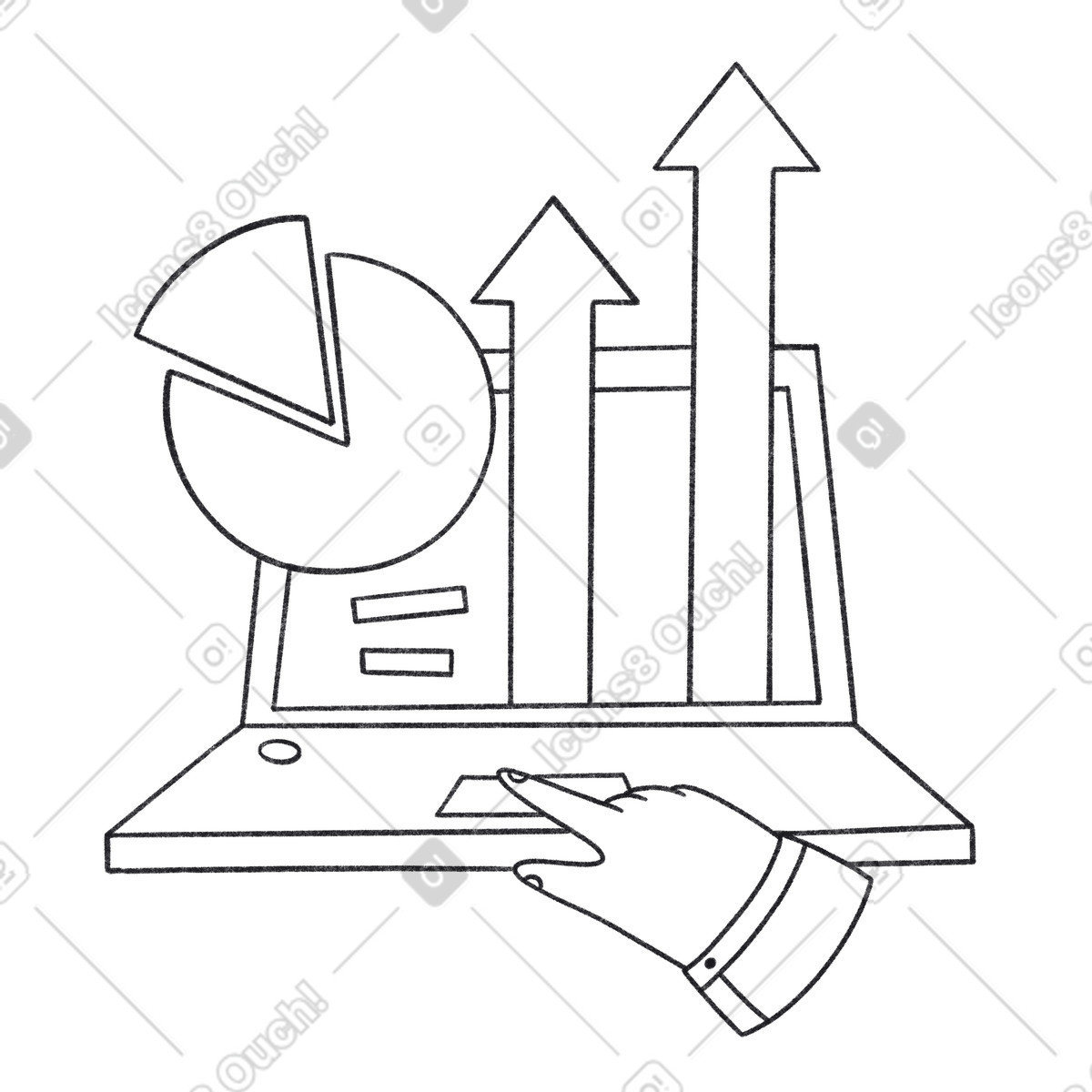 Ilustração de Laptop displaying charts and upward arrows, Market trends or performance review em no estilo Bonbon Line para baixar em PNG, SVG