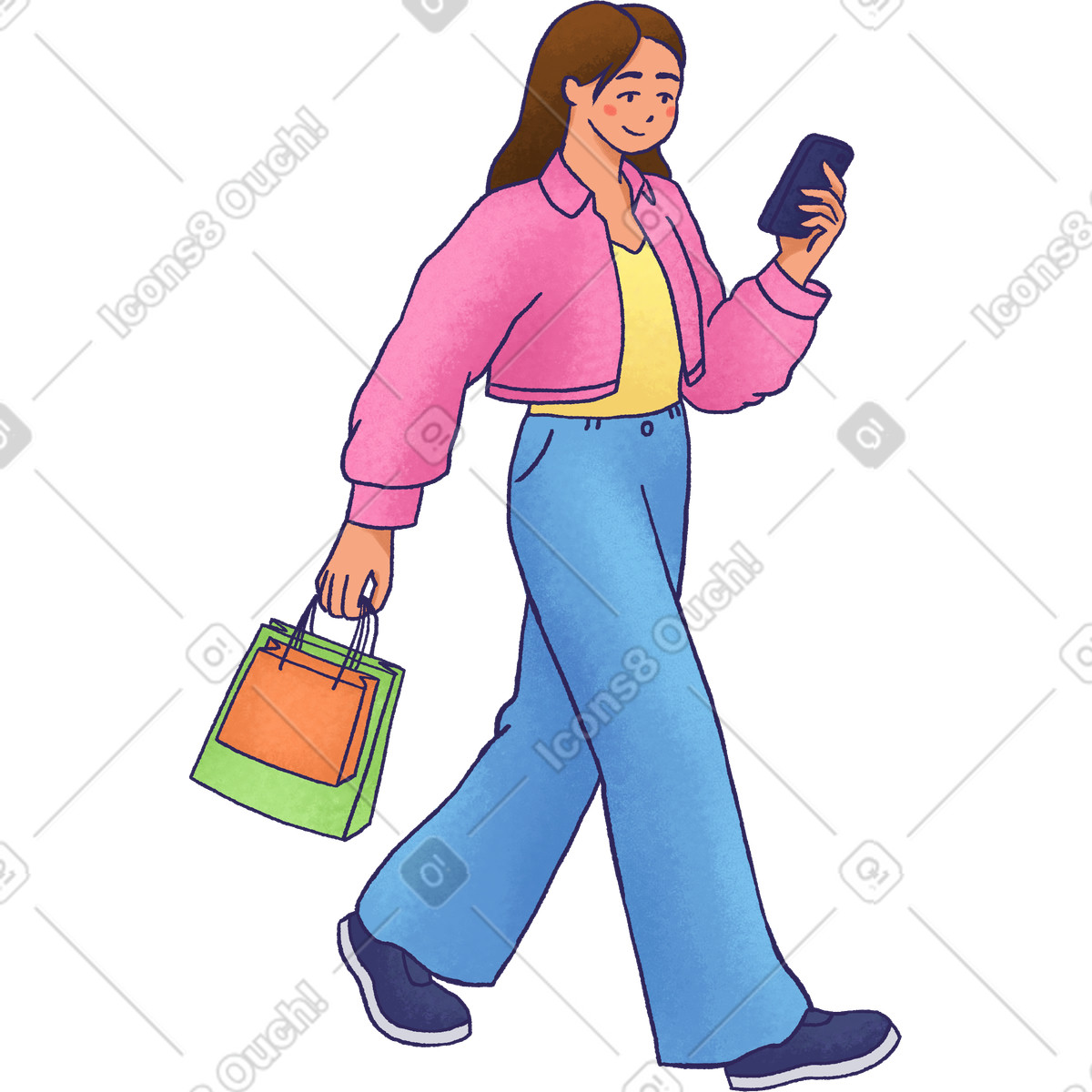 下载 Hue 风格的 Woman with bags and phone walking 插画，支持 PNG、SVG 格式